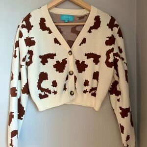 DENIM BAY Girls’ Oversized Cream and Brown Abstract Print V-Neck Cardigan